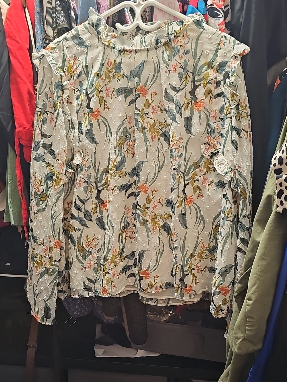 Marks & Spencer Cream Floral Ruffle-Trim Blouse with Green and Coral Print